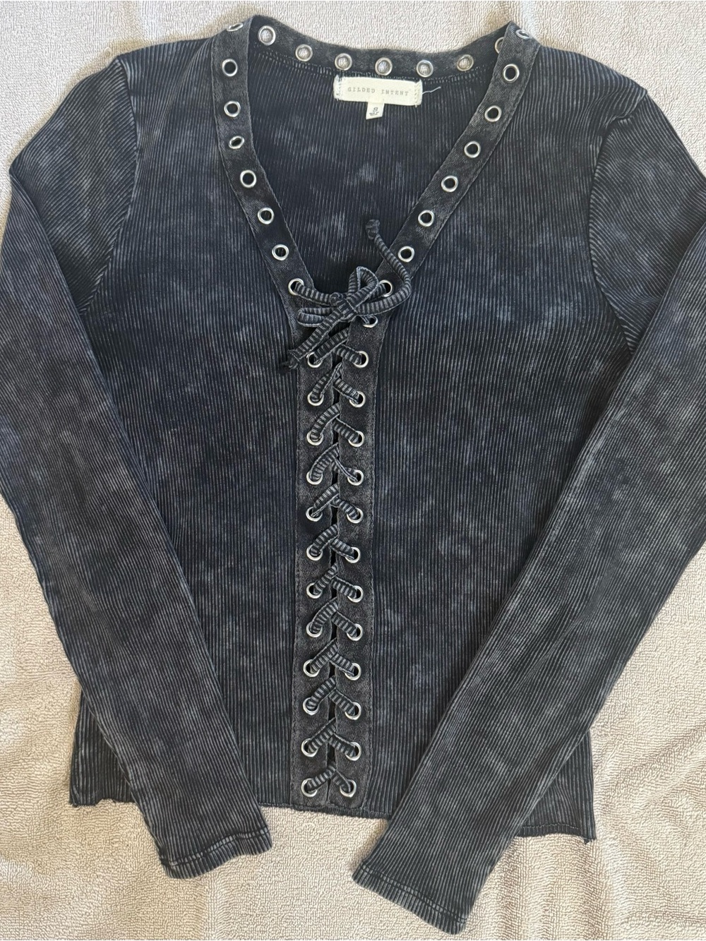 Gilded Intent Black Ribbed Lace-Up Grommet Top with Silver Eyelets